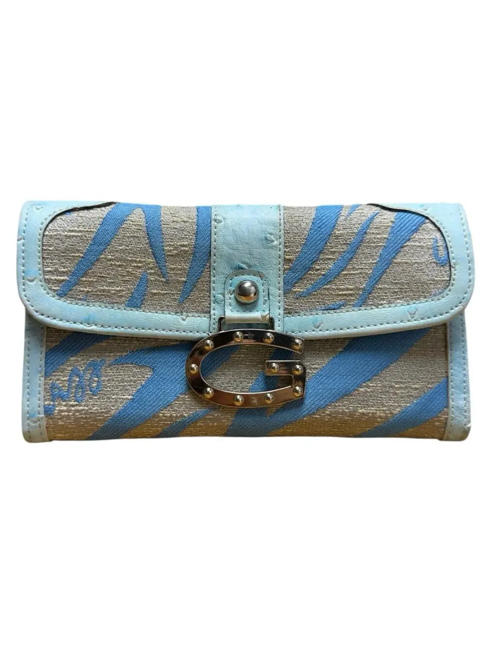 Vintage Y2K Guess Trifold Wallet Leather Canvas Blue Beige Zebra Stripe Retro